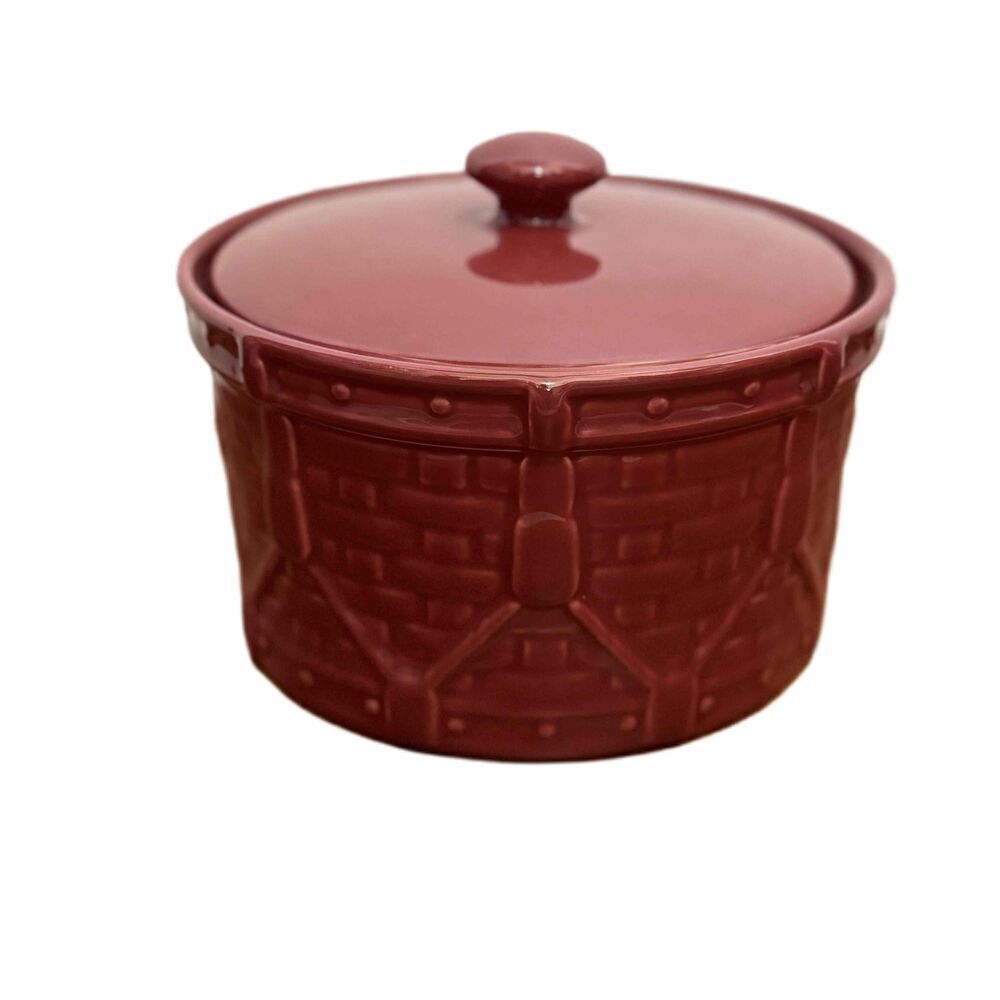 Longaberger Ceramic Lidded Woven Textured Round Crock With Lid Paprika Red